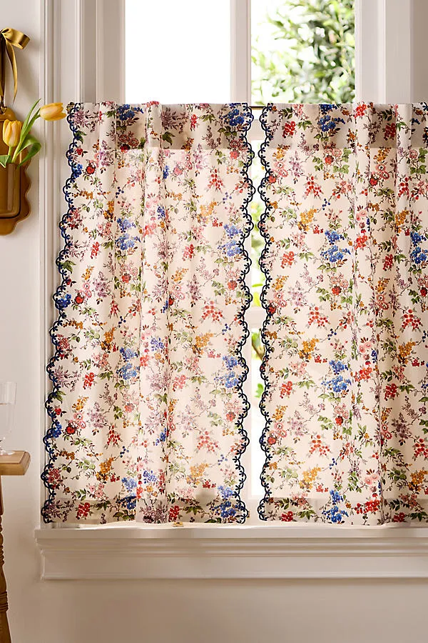 Alina Cotton Printed Embroidered Scalloped Cafe Curtain Set of 2 by Anthropologie