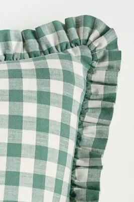 Ana Gingham Printed Ruffle Pillow - Green, Cotton by Anthropologie, image 2