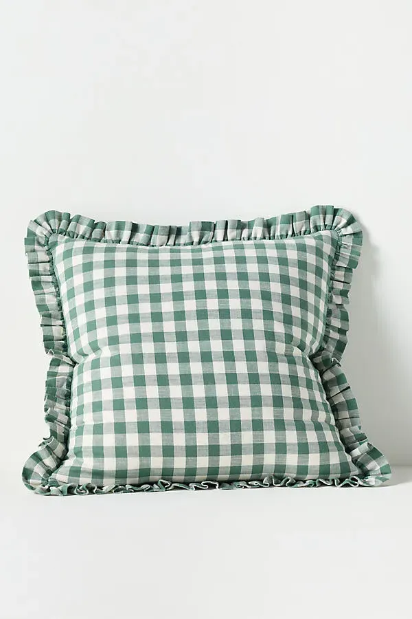 Ana Gingham Printed Ruffle Pillow - Green, Cotton by Anthropologie