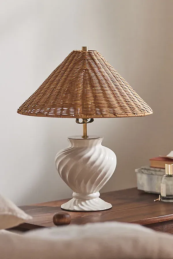 Angelica Twisted Ceramic Rattan Table Lamp - White by Anthropologie