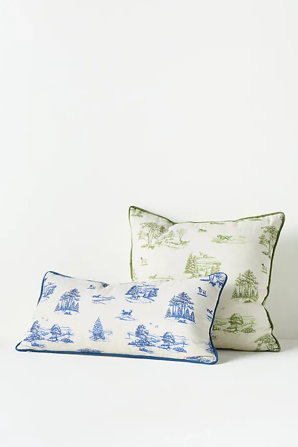 Aspen Toile Printed Cotton Pillow - Blue by Anthropologie