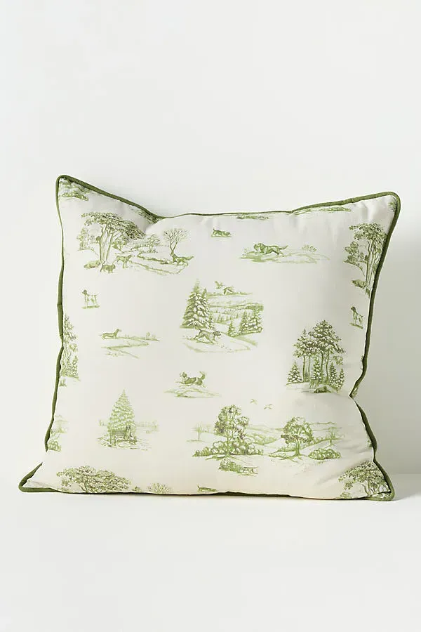 Aspen Toile Printed Cotton Pillow - Green by Anthropologie