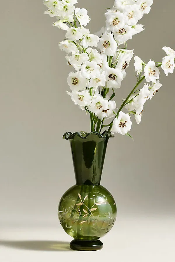 Aubrey Glass Etched Vase - Green by Anthropologie