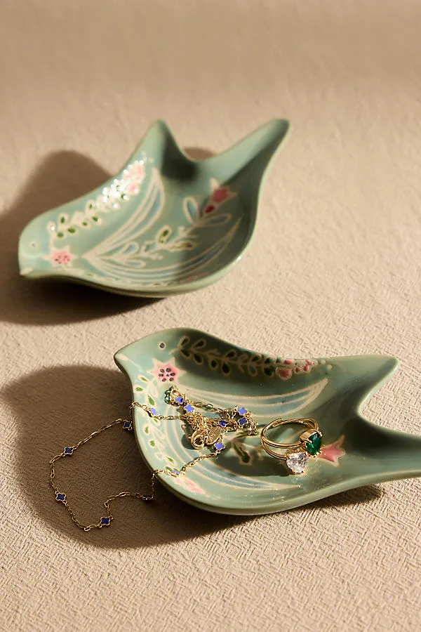 Bird Trinket Dish - Green, Stoneware by Anthropologie