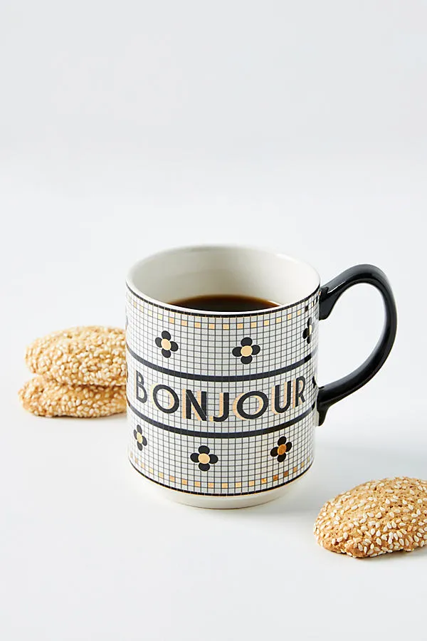 Bistro Tile Bonjour Stoneware Mug - Black, Gold Accent by Anthropologie