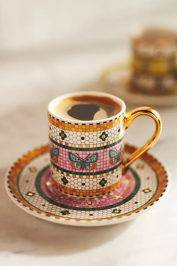 Bistro Tile Garden Espresso Cup & Saucer - Pink, Stoneware by Anthropologie