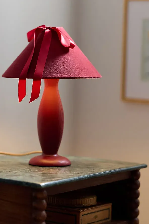 Bosette Bow Table Lamp - Red, Velvet & Wood by Anthropologie