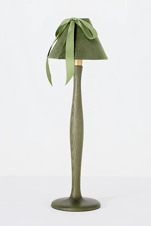 Bosette Bow Velvet and Wood Table Lamp - Green by Anthropologie