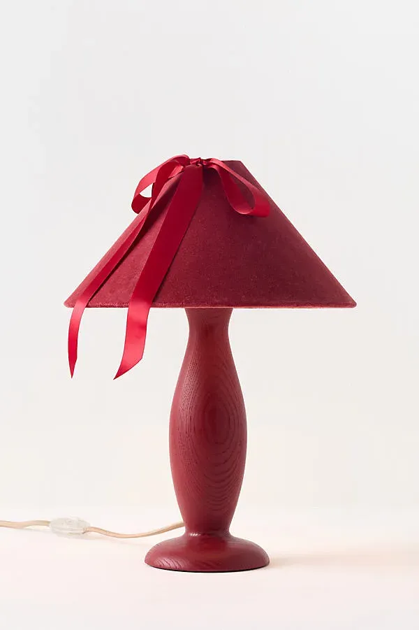 Bosette Bow Velvet and Wood Table Lamp - Red by Anthropologie