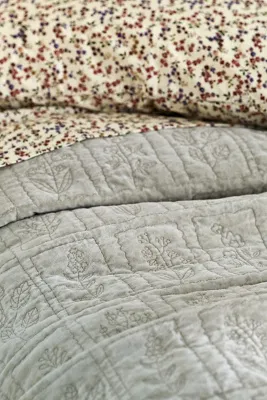 Botanical Floral Embroidered Coverlet - Green, Cotton Velvet alternate view