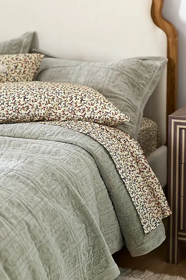 Botanical Floral Embroidered Coverlet - Green, Cotton Velvet product