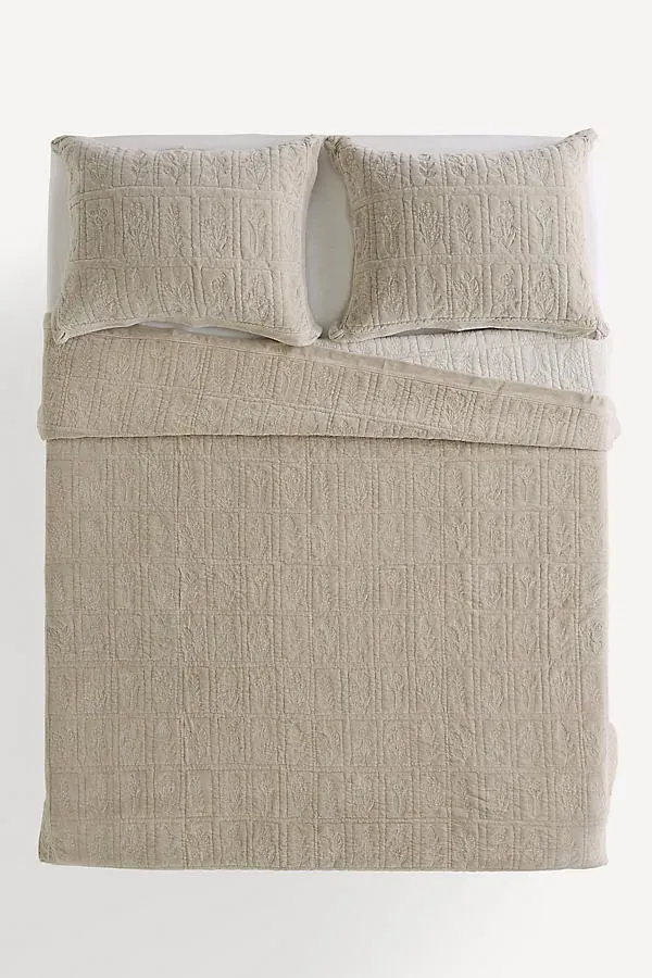 Botanical Floral Embroidered Coverlet - Green, Cotton Velvet product