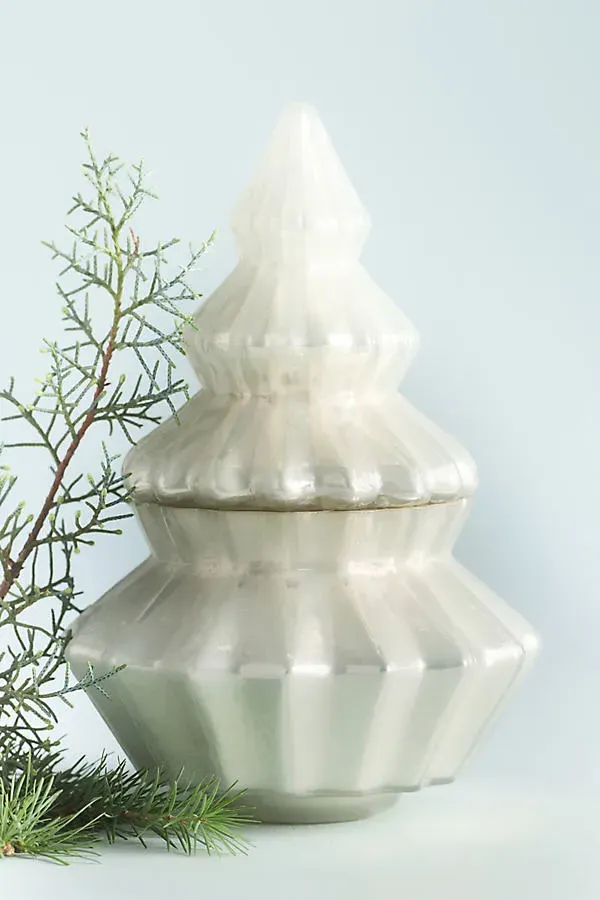 Bright Trees Woody Frosted Garland Glass Candle - White by Anthropologie