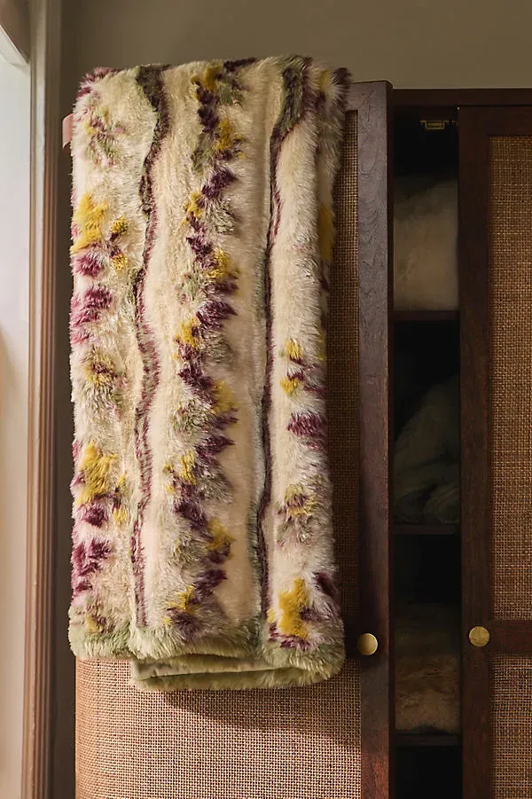 Bristol Jacquard Floral Faux Fur Throw - Green, Polyester by Anthropologie