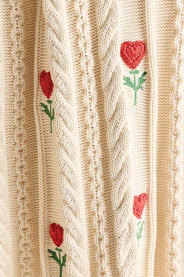 Cable-Knit Floral Icon Throw Blanket - White, Cotton product