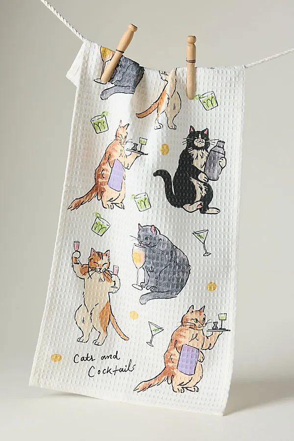 Cats & Cocktails Bar Towel - White, Cotton by Anthropologie