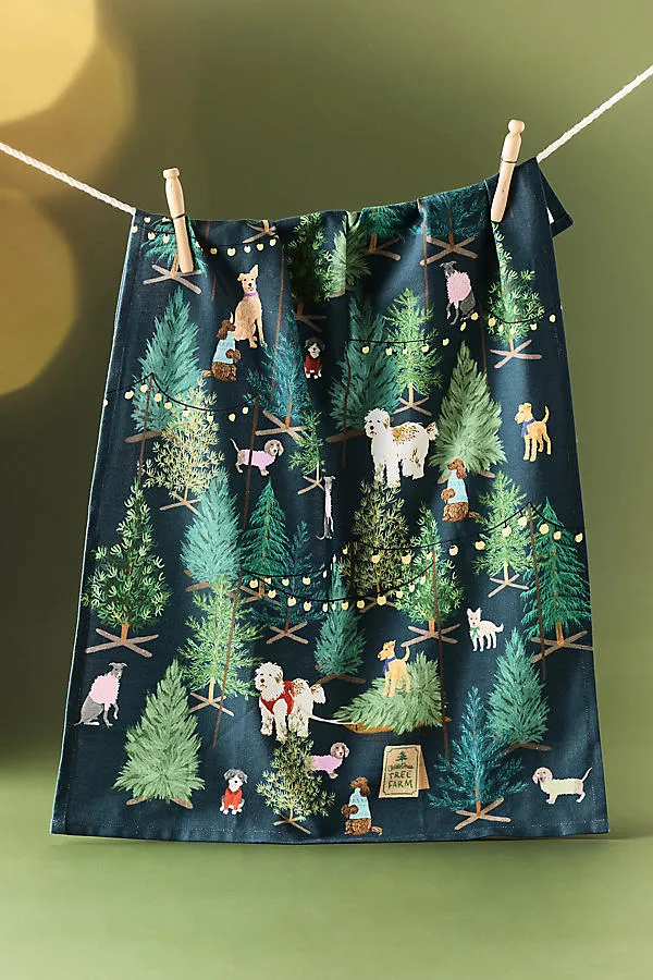 Christmas Tree Farm Cotton Dish Towel - Green by Anthropologie