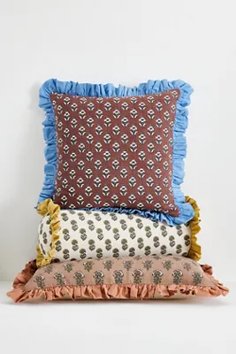 Cotton Block-Print Ruffle Cushion - Beige alternate view