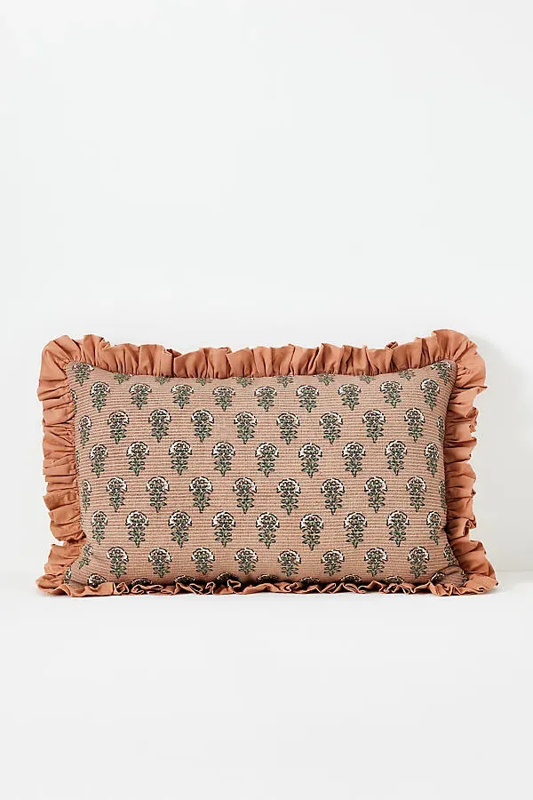 Cotton Block-Print Ruffle Cushion - Beige product