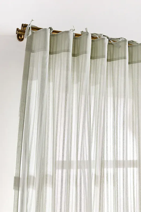 Cotton Dobby Striped Sheer Tie-Top Curtain - Green alternate view