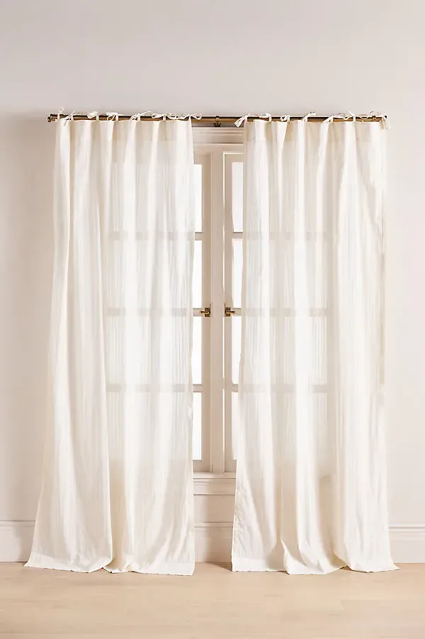 Cotton Dobby Striped Sheer Tie-Top Curtain - Ivory, Cotton product