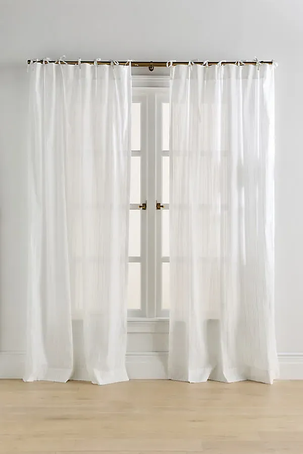 Cotton Dobby Striped Sheer Tie-Top Curtain - White, Cotton by Anthropologie