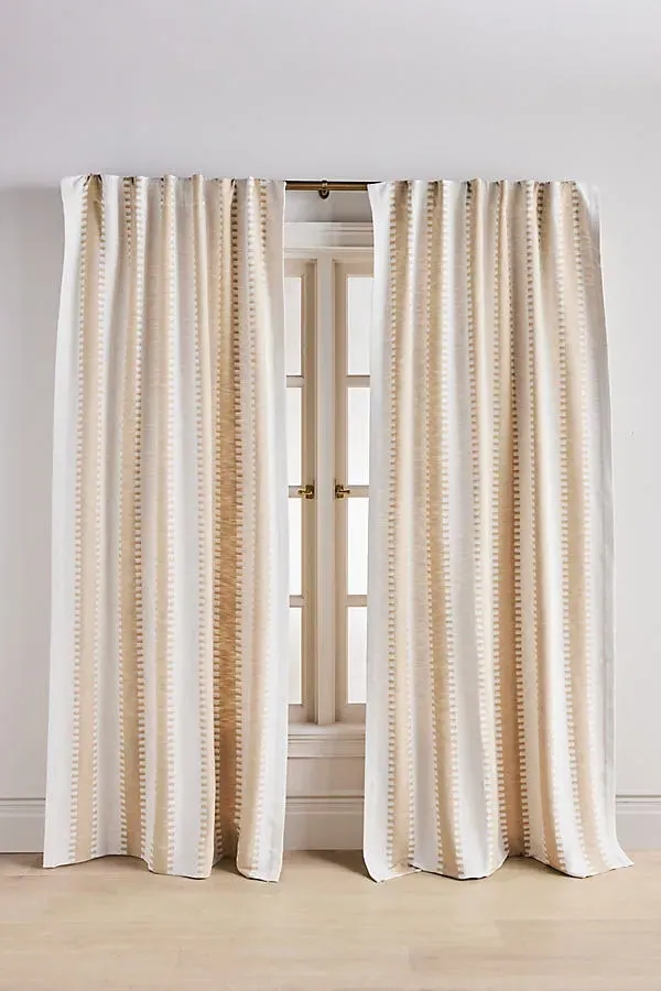 Cotton Jacquard Notched Striped Curtain - Beige by Anthropologie
