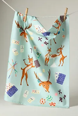 Cotton Reindeer Games Dish Towel - Blue by Anthropologie, alternate view