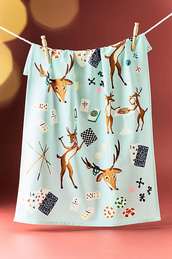 Cotton Reindeer Games Dish Towel - Blue by Anthropologie