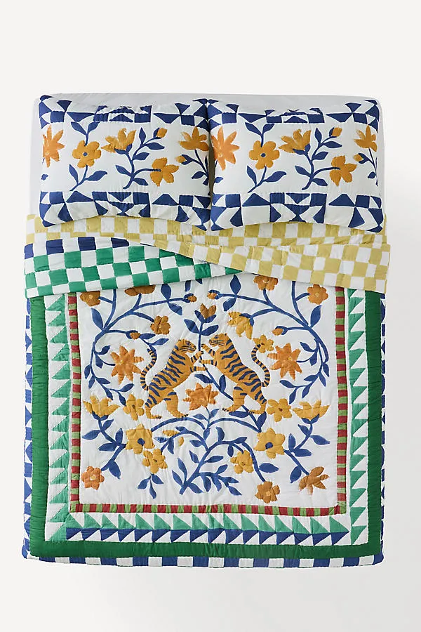 Cotton Voile Printed Queen Size Quilt - Blue, Cotton by Anthropologie