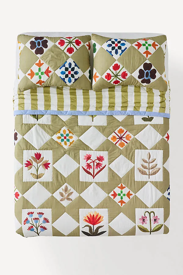 Cotton Voile Printed Quilt - Green, Cotton by Anthropologie