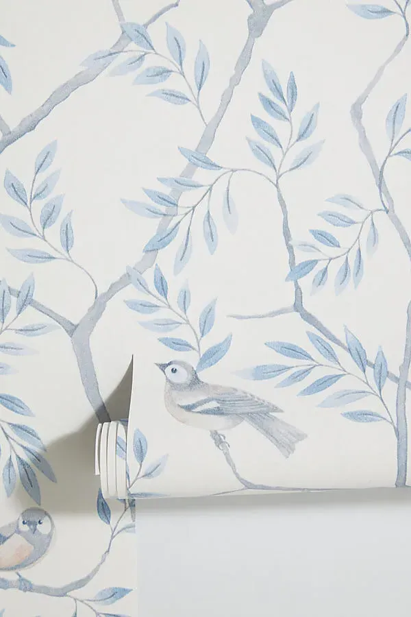 Crossbill Floral Bird Wallpaper - Light Blue by Anthropologie, alternate view