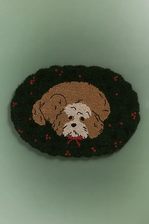 Dog Wreath Shaped Coir Printed Doormat by Anthropologie