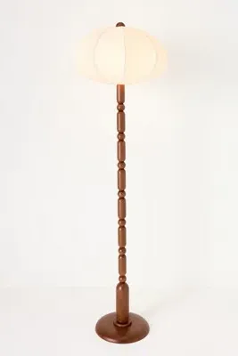 Dumpling Pleated Shade Floor Lamp - Beige, Walnut Wood product