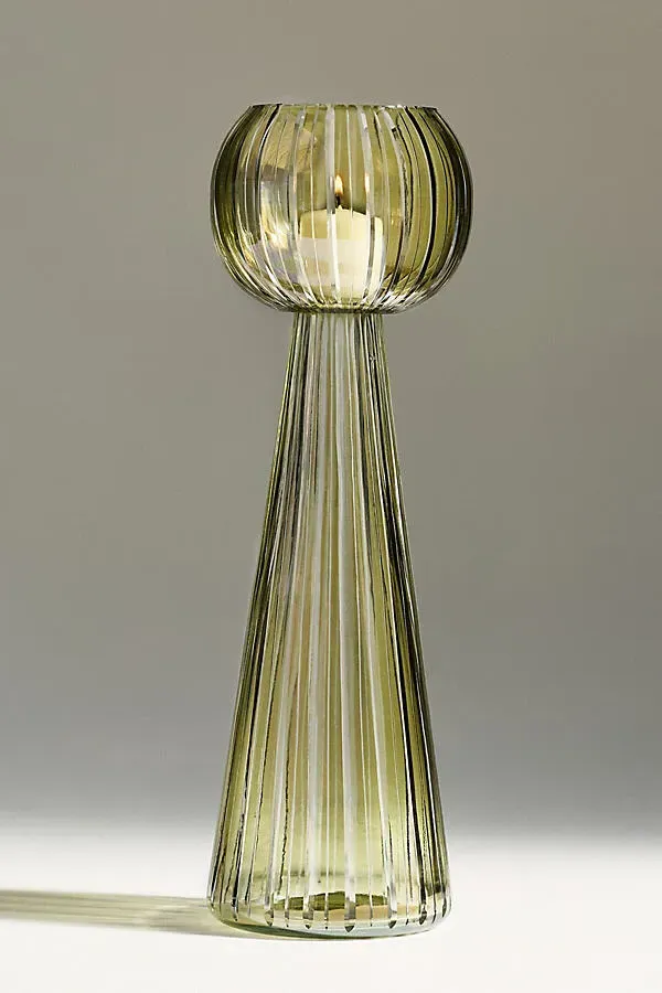 Elysian Ribbed Pedestal Glass Votive Holder - Green by Anthropologie