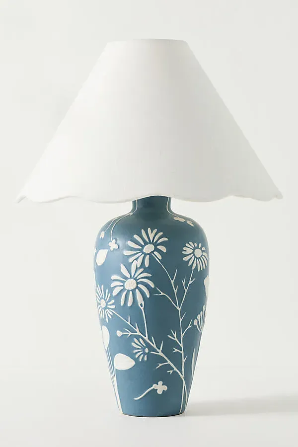 Ember Carved Ceramic Scallop Shade Table Lamp - Blue by Anthropologie