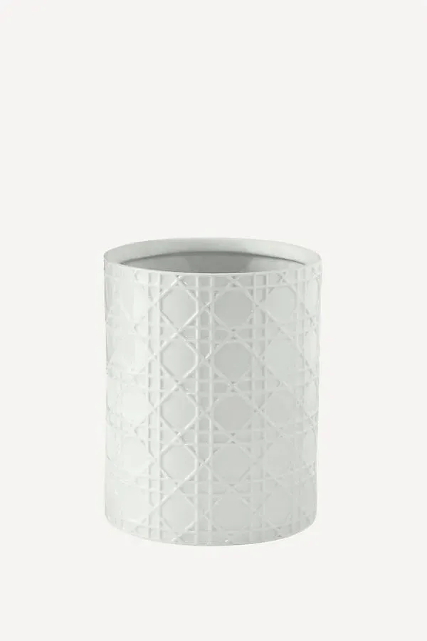 Embossed Rattan Porcelain Waste Basket - White by Anthropologie