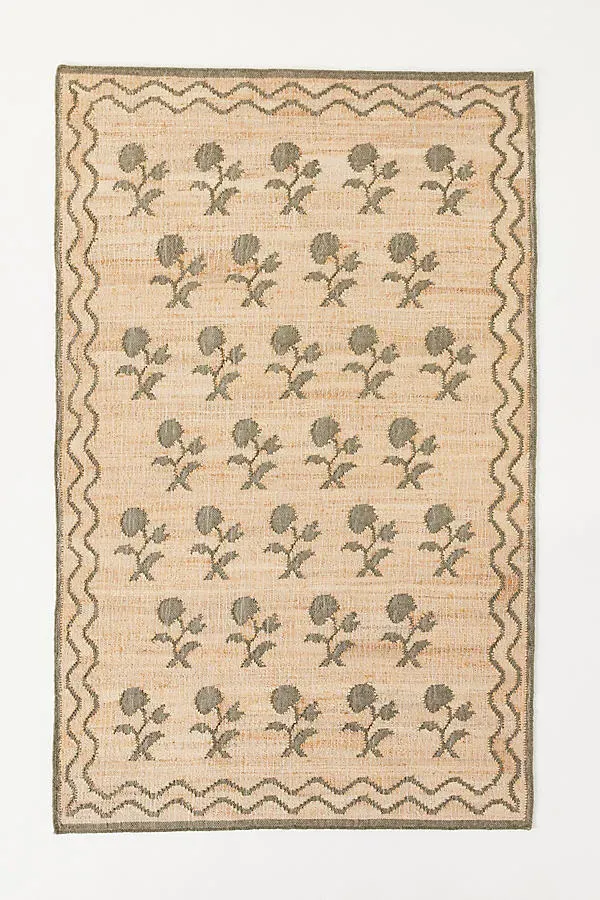 Erin Gates Floral Double Border Flatwoven Rug - Green, Cotton/Wool by Anthropologie