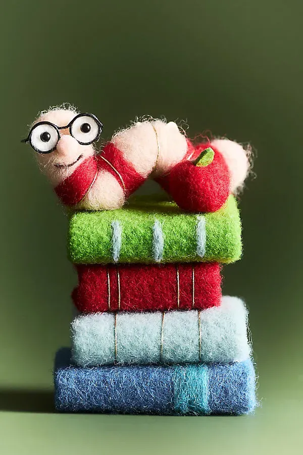 Felt Bookworm Ornament - Red, Wool by Anthropologie
