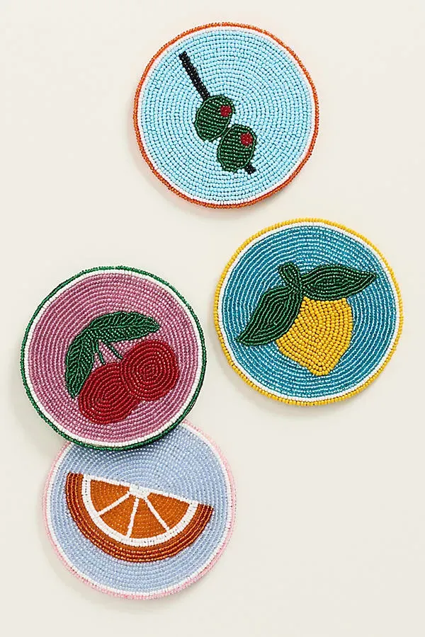 Fiona Beaded Coasters Garnish Edition - Green, Cotton Velvet by Anthropologie