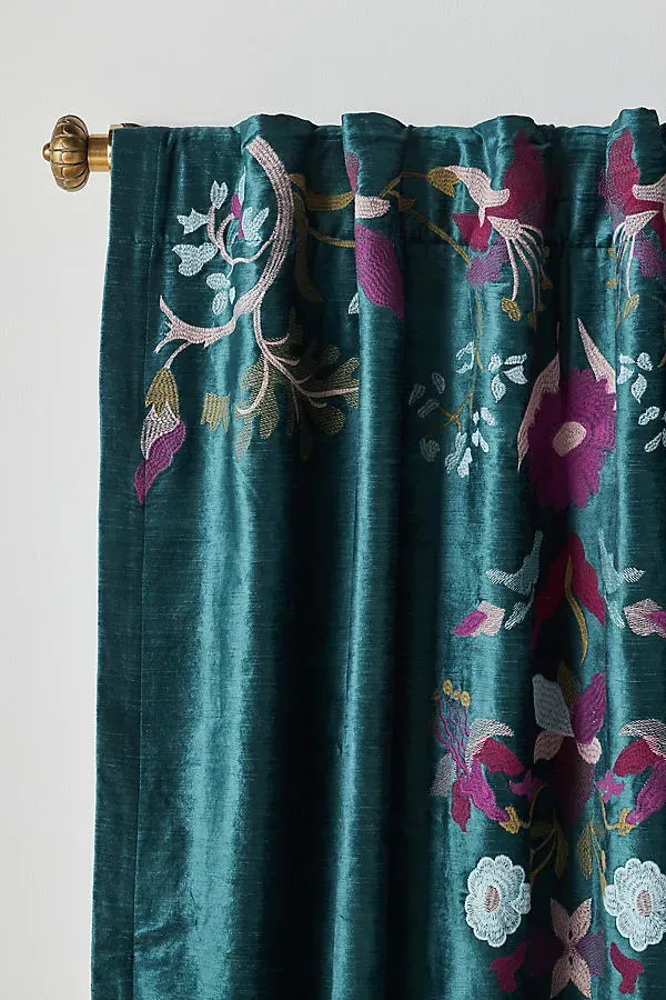 Fiori Velvet Embroidered Floral Blackout Curtain - Blue, Polyester by Anthropologie, image 2