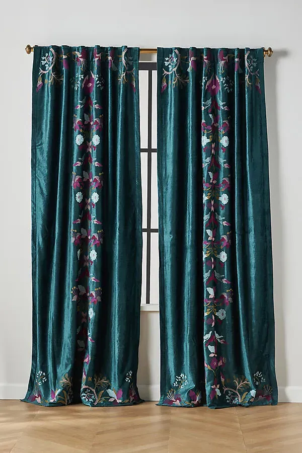 Fiori Velvet Embroidered Floral Blackout Curtain - Blue product