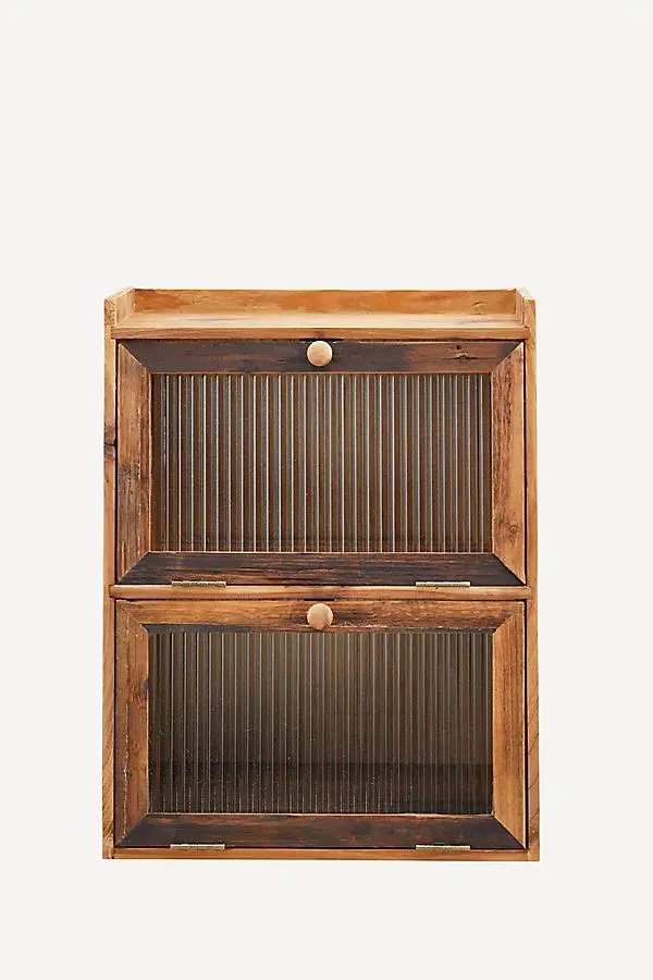 Fir Wood Cabinet with Fluted Glass Doors - Beige by Anthropologie