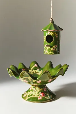 Floral Bird Bath - Green, Earthenware product