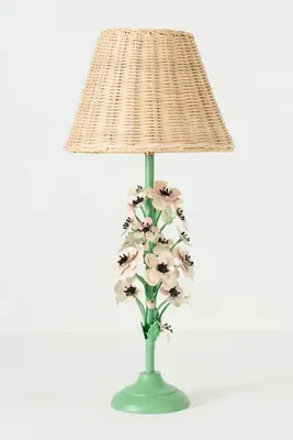 Floral Tole Iron Table Lamp - Green, Rattan product