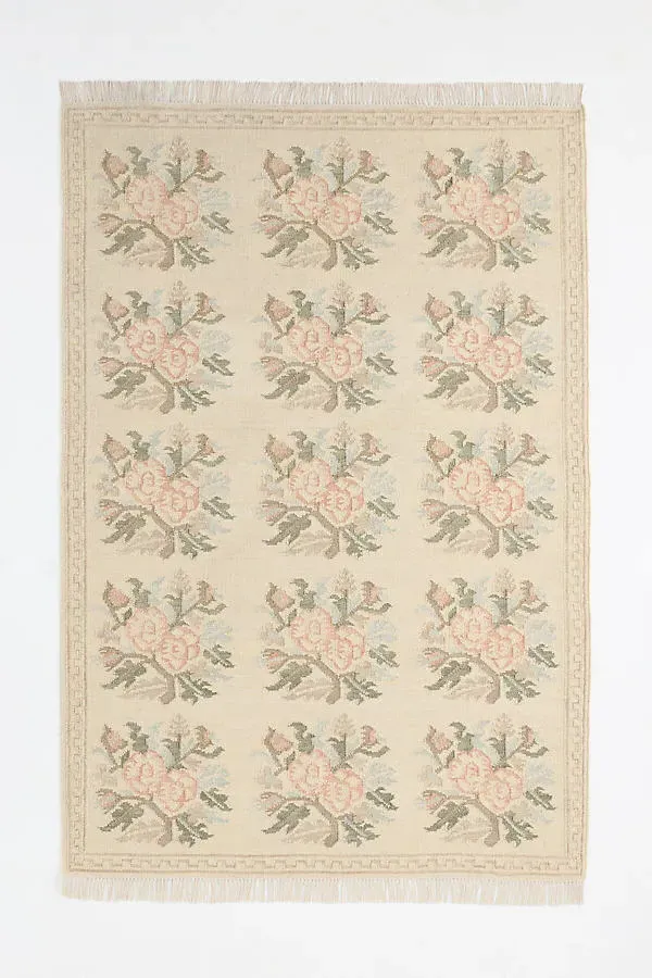 Florence Flatwoven Floral Rug - Ivory, Wool-Blend by Anthropologie