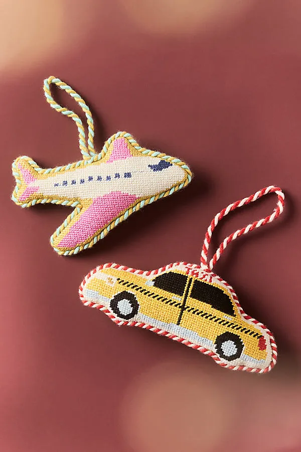 Furbish Needlepoint Transportation Icon Ornament - Pink, Polyester/Cotton by Anthropologie
