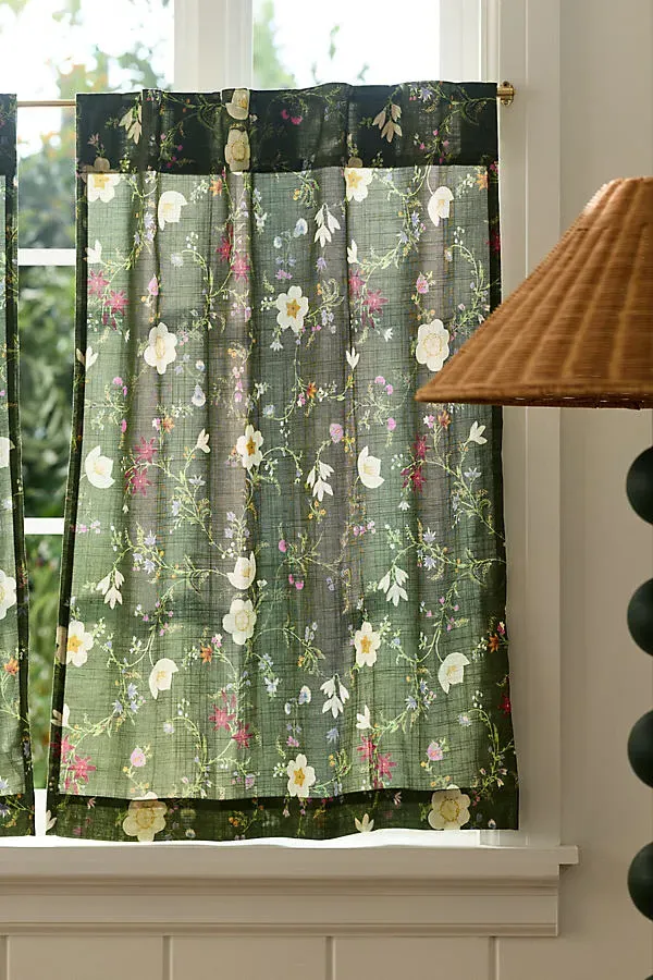 Garnet Floral Cafe Curtains Set of 2 - Green, Cotton by Anthropologie