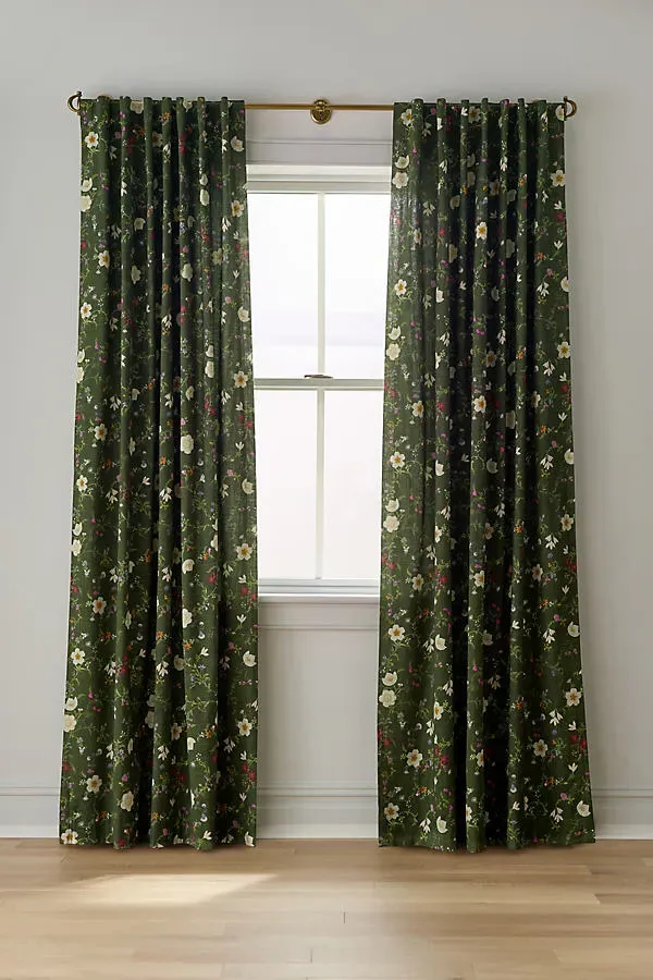 Garnet Printed Floral Curtain - Green, Cotton by Anthropologie
