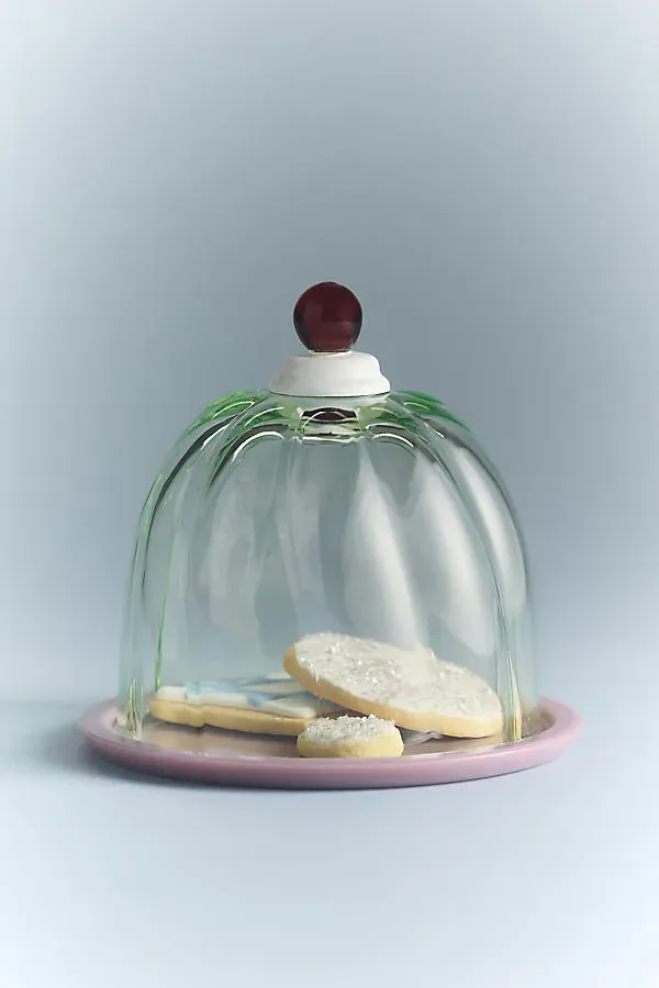 Gillian Glass Cake Stand with Dome - Green, Glass by Anthropologie